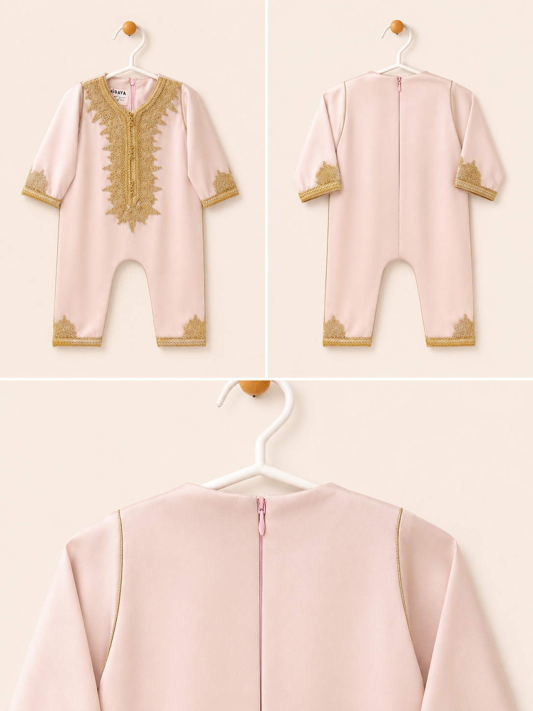 Grenouillères Caftan en satin italien - Rose brodé en doré