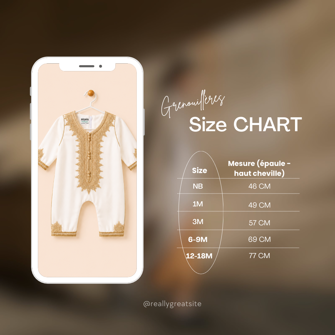 Grenouillère Caftan en satin italien - Blanc brodé en doré