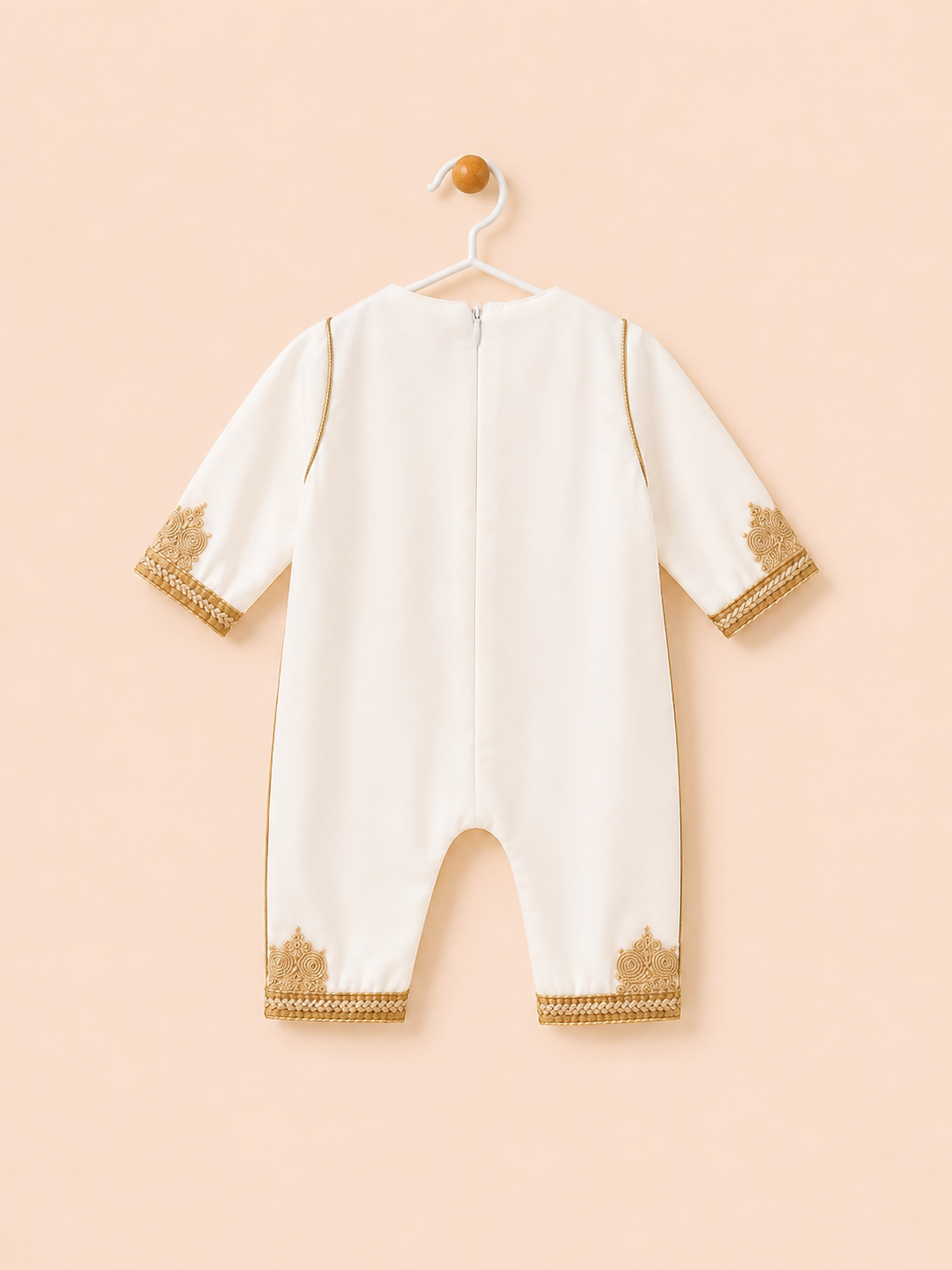 Grenouillère Caftan en satin italien - Blanc brodé en doré
