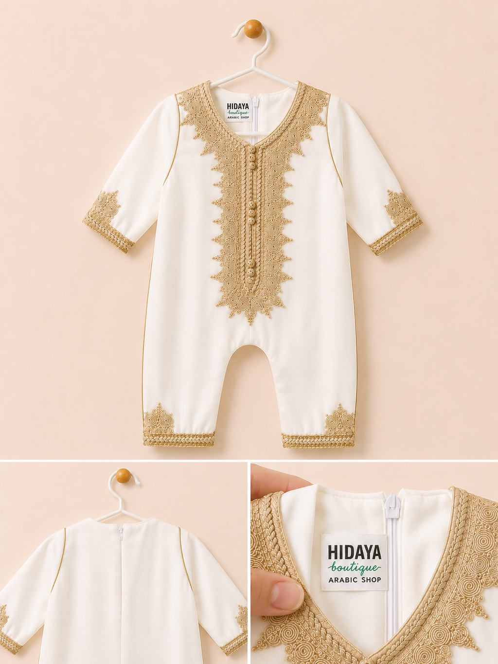 Grenouillère Caftan en satin italien - Blanc brodé en doré