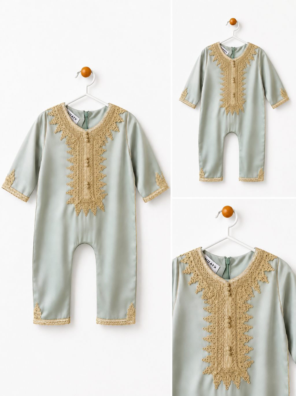 Grenouillère Caftan en satin italien - Vert sauge brodé en doré