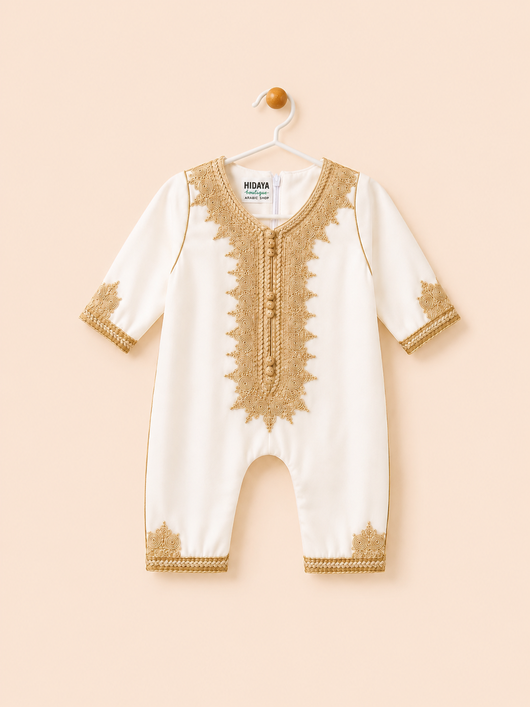 Grenouillère Caftan en satin italien - Blanc brodé en doré